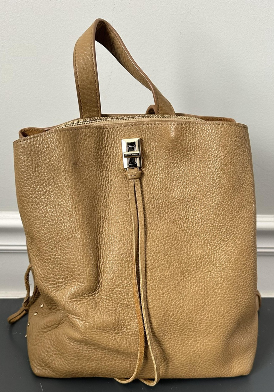 Rebecca Minkoff Regan Backpack Bag Womens Medium Tan Leather Studded Zip Darren